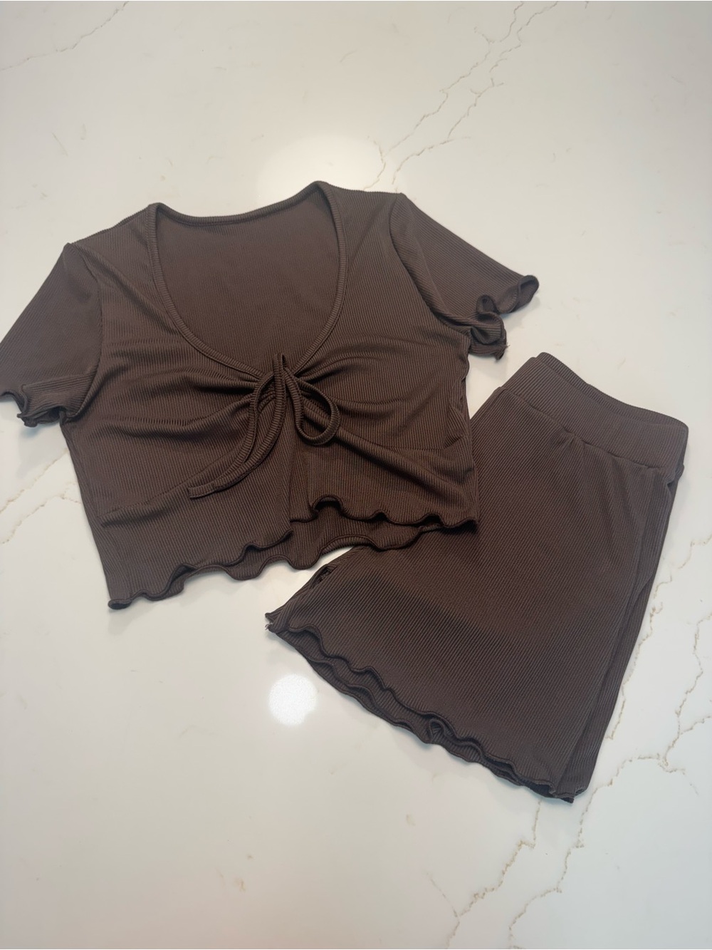 Brown Ribbed Tie-Front Skirt Set - Women